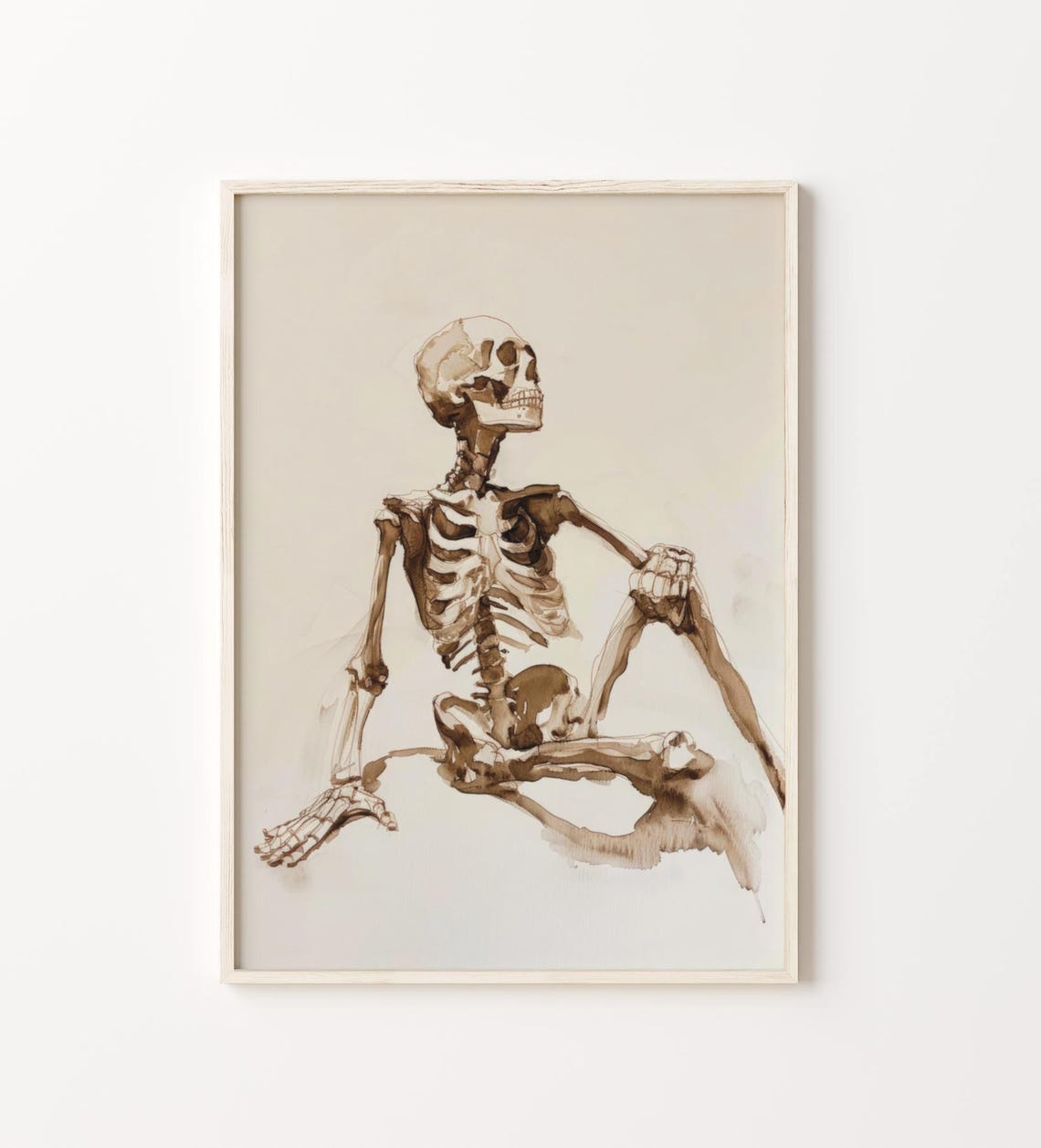 Seated Human Skeleton Sepia Ink Study On Cream Background Poster - Image 4
