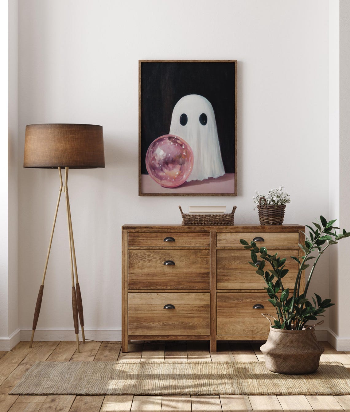 Cute Ghost Behind A Glowing Pink Crystal Ball On Black Poster - Image 3