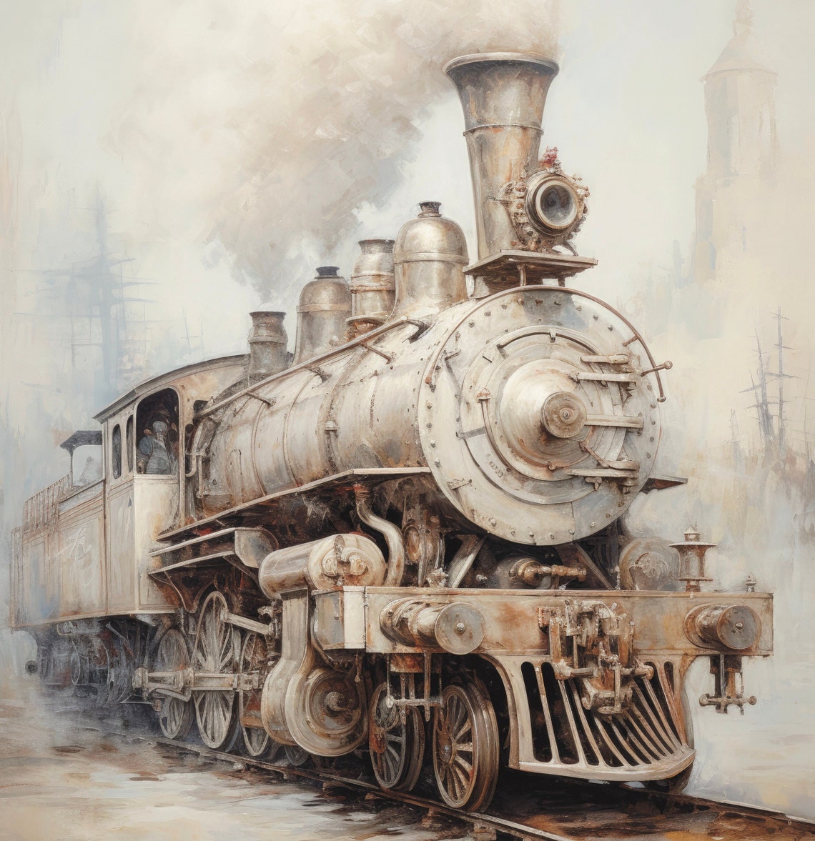 Vintage Steam Locomotive Train Painting Neutral Rustic Decor Poster - Image 2