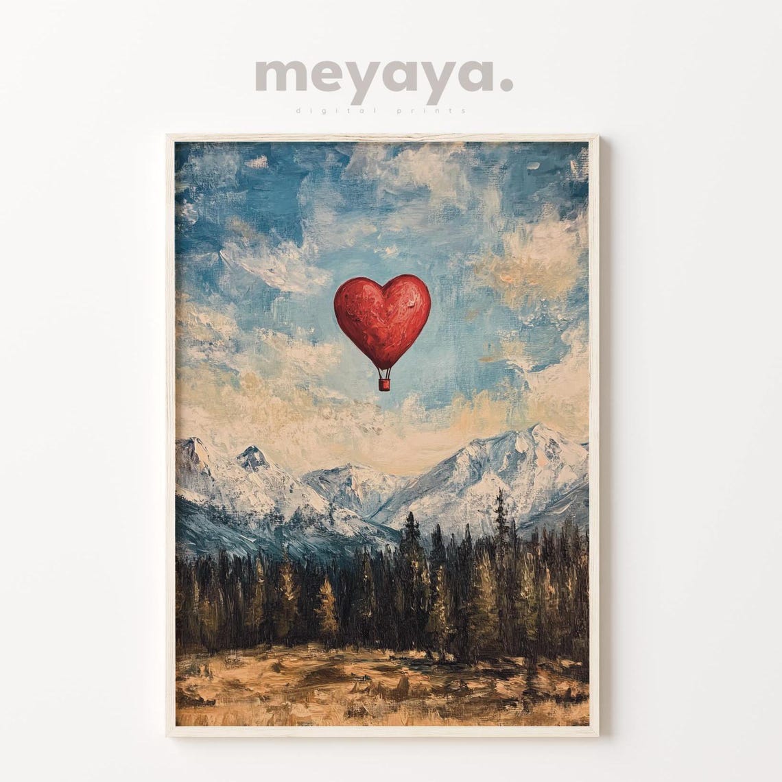 Red Heart Hot Air Balloon Over Moody Mountain Peaks Wall Print - Image 4