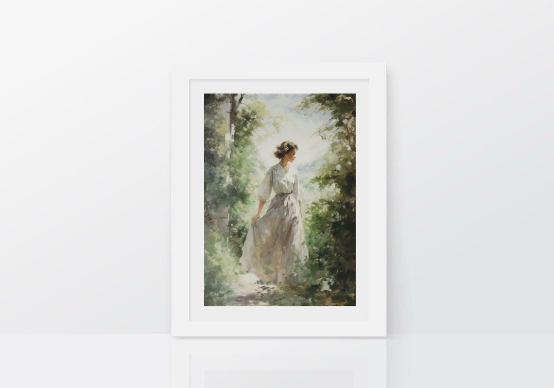 Woman In White Dress Walking Garden Impressionist Art Poster - Image 3