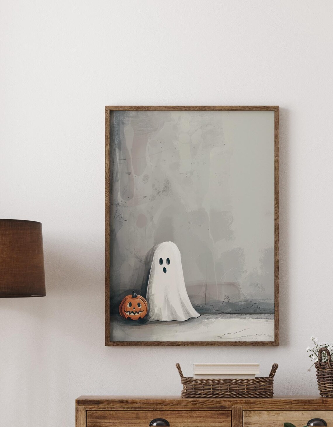 Cute Little Ghost Standing Next To A Jack O Lantern Painting Poster - Image 2