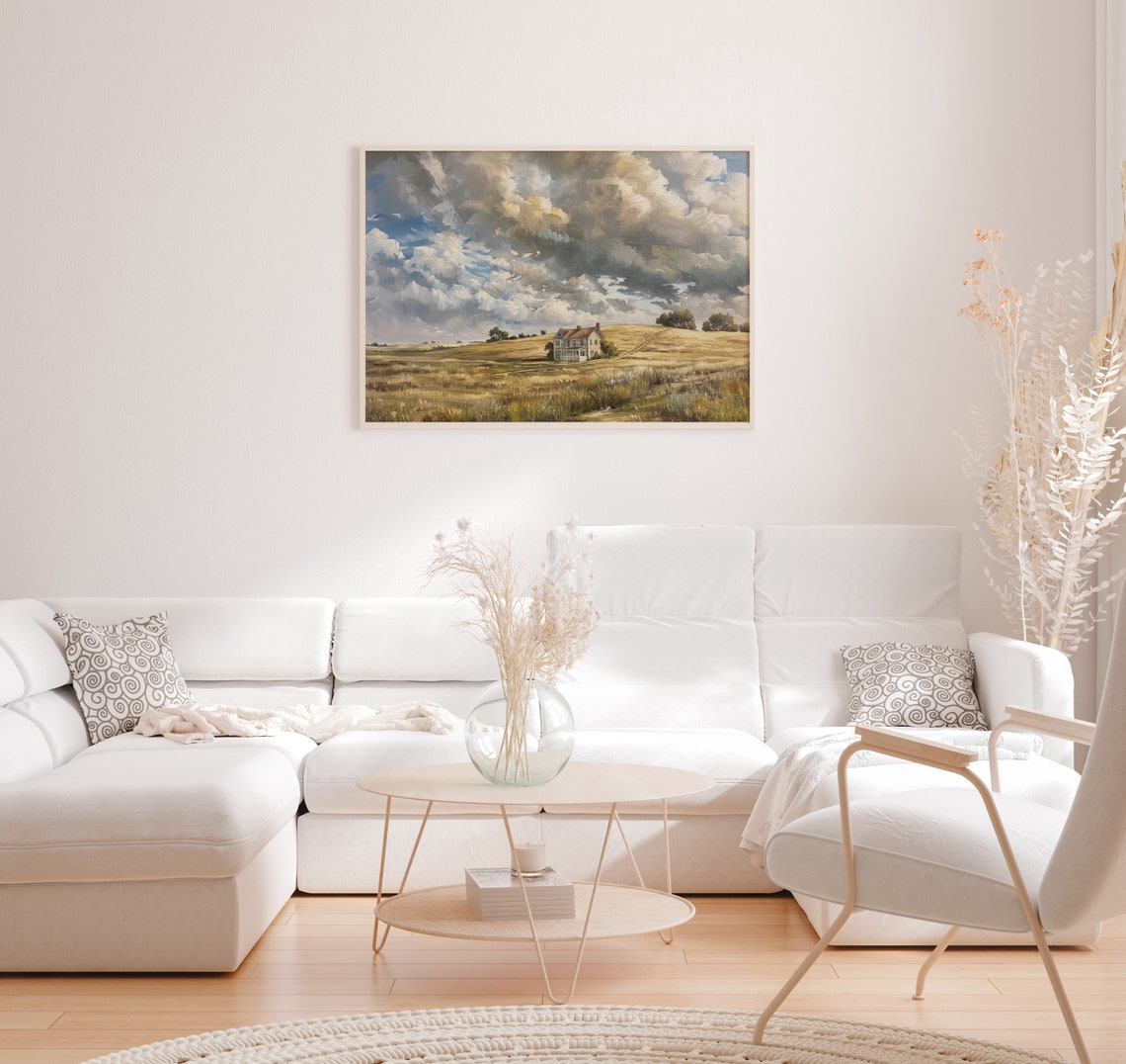 French Country Landscape Painting Landscape Art Vintage Farmhouse Art Decor Spring Countryside Print Cloudy Sky Oil Painting - Image 2