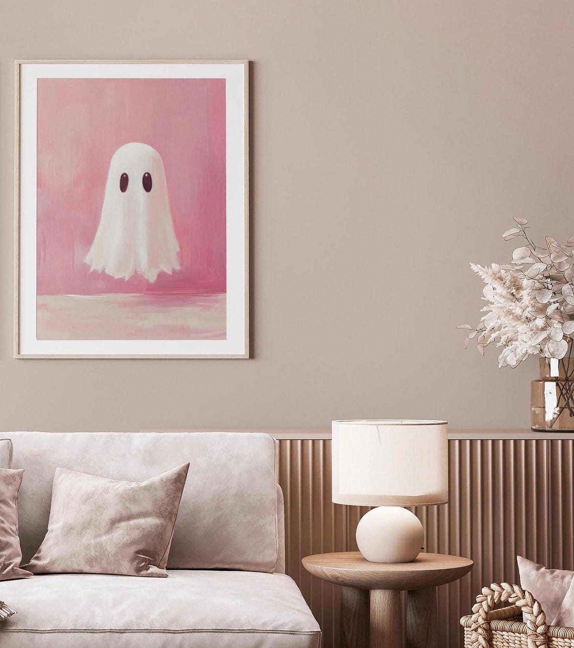 Cute Floating Ghost On A Solid Pink Background Minimalist Poster - Image 2