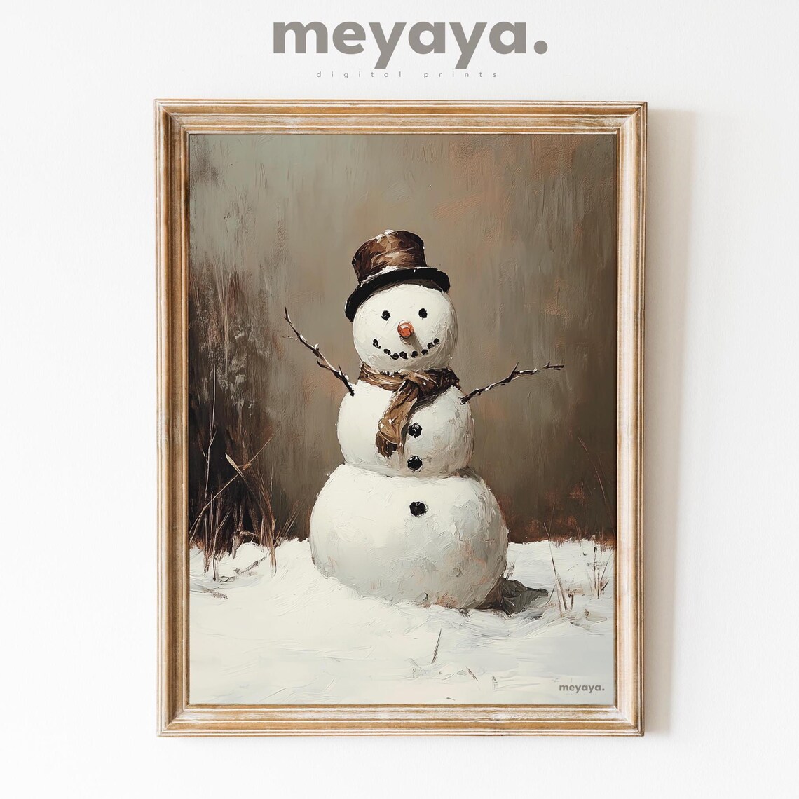 Brown Christmas Snowman Art Print, Rustic Holiday Decor