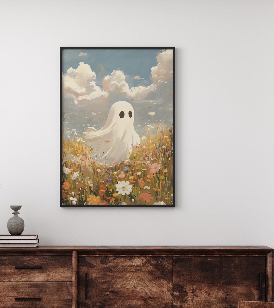 Cute Ghost in Wildflower Field Painting Sweet Art Wall Poster - Image 2