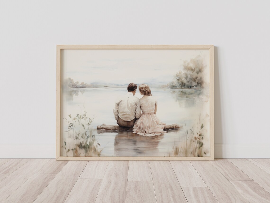 Romantic Couple Sitting At The Lake, Vintage Art Print - Image 2