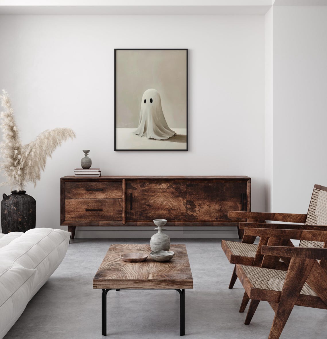Minimalist Cute Ghost On A Warm Beige Background Simple Poster - Image 4