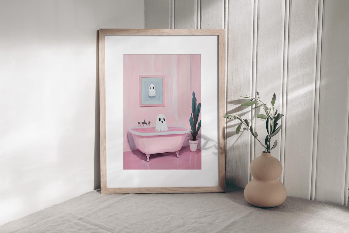 Cute Ghost In Bath Pink Halloween Art Print - Image 2