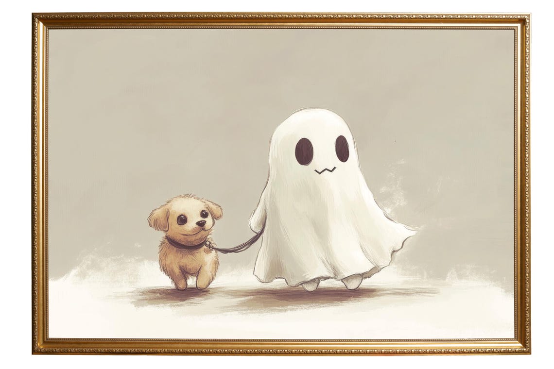 Cute Ghost Walking A Fluffy Puppy Dog On A Leash Halloween Poster - Image 6