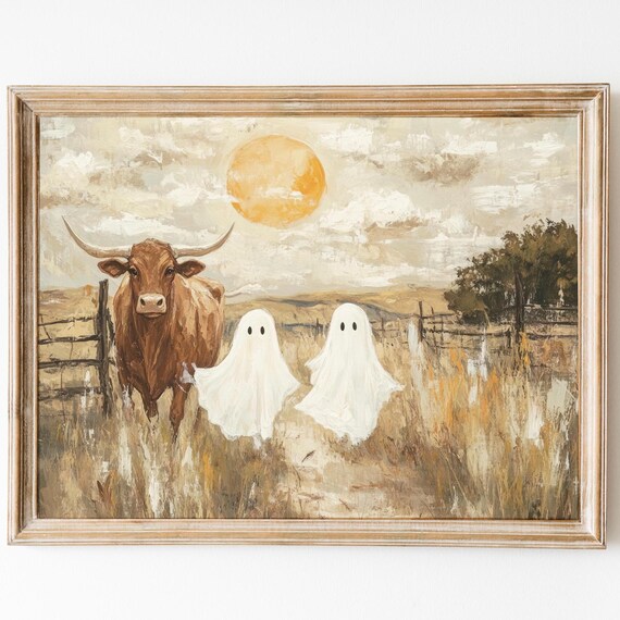 Longhorn Cow Ghosts Sunset Field Rustic Painting Art Wall Poster