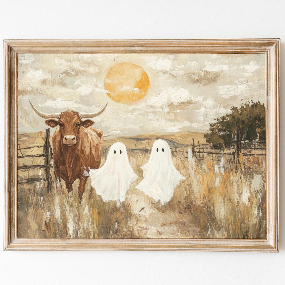 Longhorn Cow Ghosts Sunset Field Rustic Painting Art Wall Poster