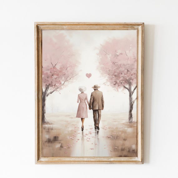 Valentines Day Print Vintage Romance Decor Cute Couple Walking Art Love Painting Valentines Gift Pink Preppy Decor Valentines Painting