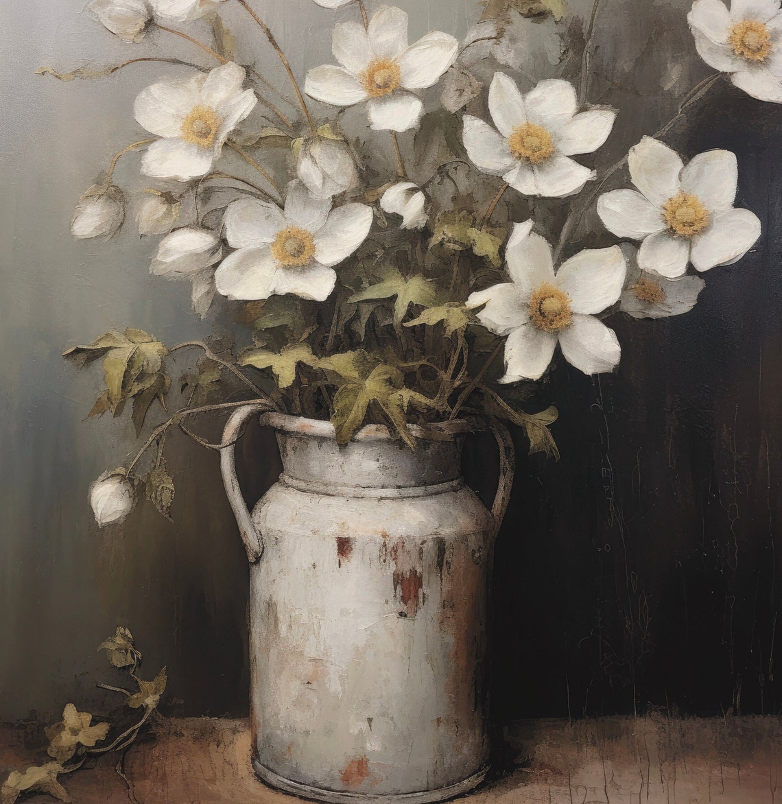 White Flowers In Rustic Pitcher Moody Vintage Still Life Poster - Image 6