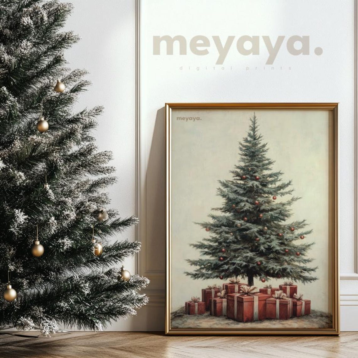 Christmas Tree Red Ornaments Gifts Rustic Vintage Holiday Poster - Image 6