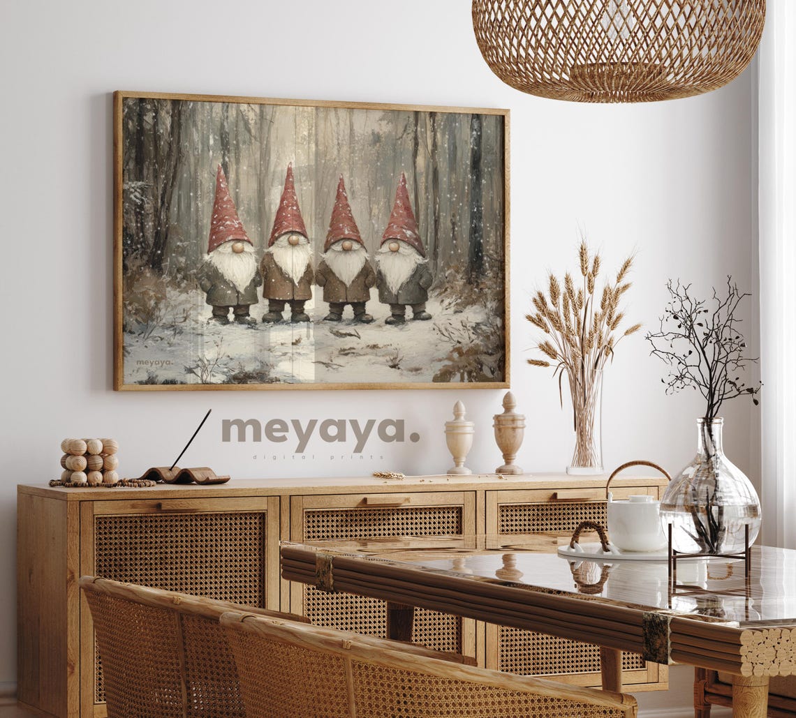 Four Christmas Gnomes Red Hats Snowy Forest Winter Art Poster - Image 5