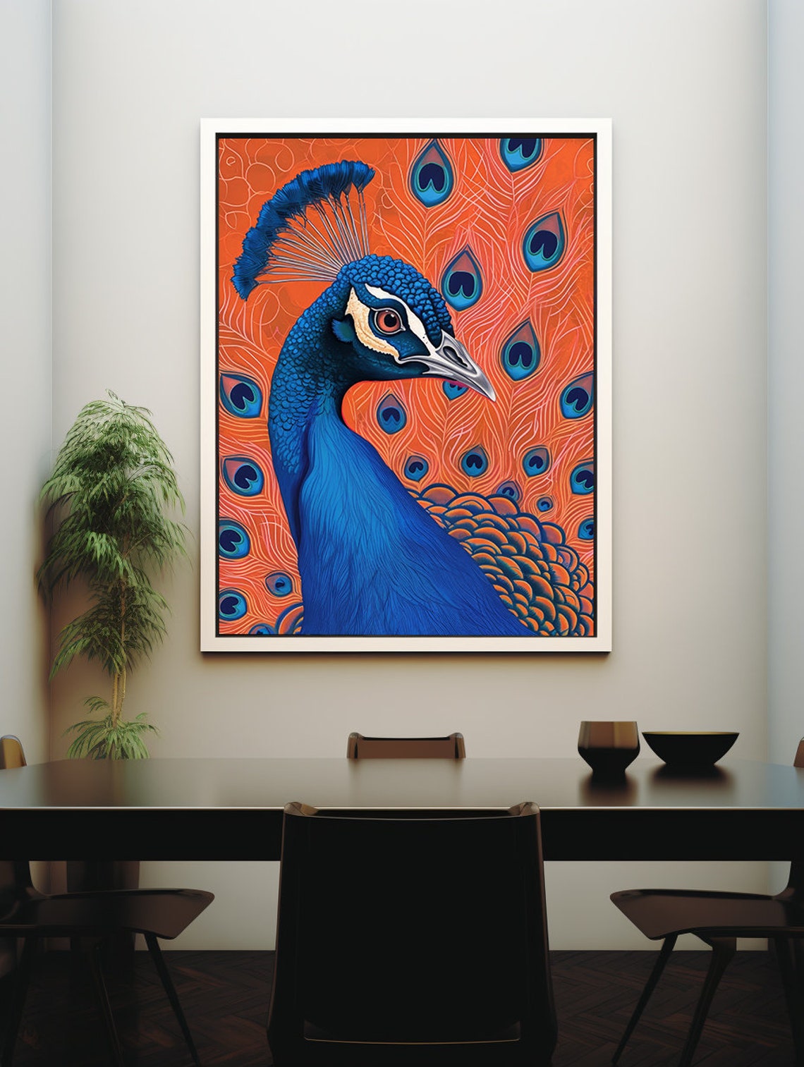 Vibrant Blue Peacock Head on a Fiery Orange Background Poster