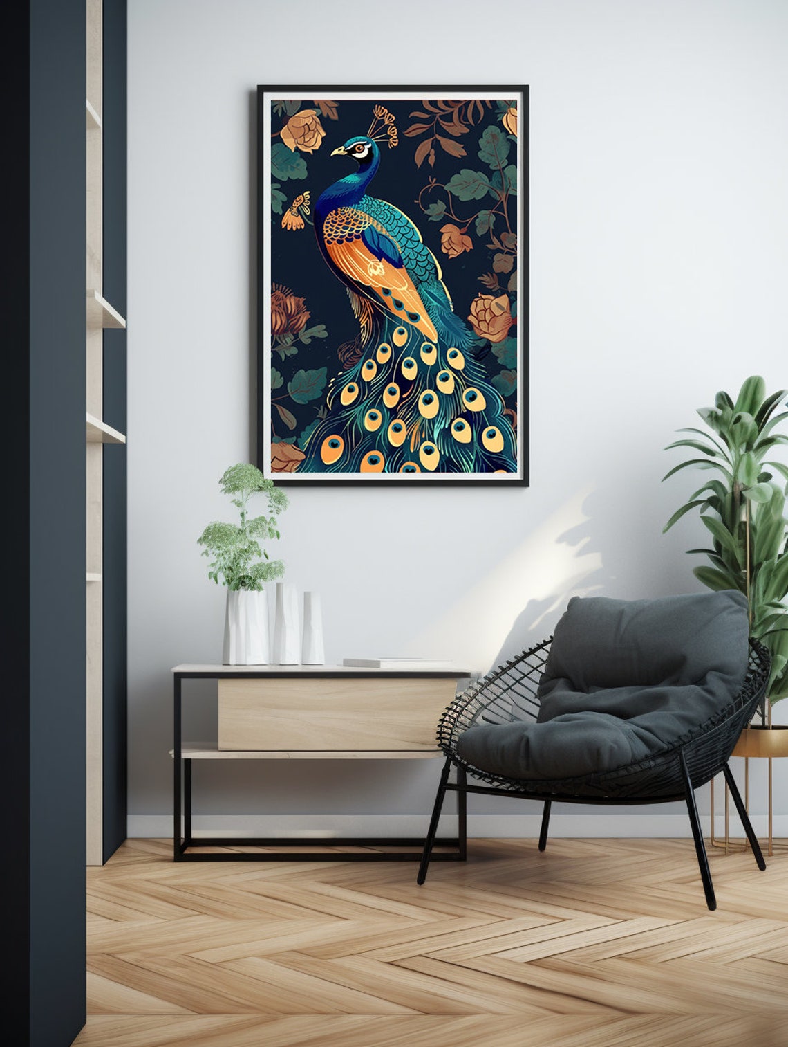 Blue and Orange Peacock Standing in a Lush Botanical Garden Poster - Image 6