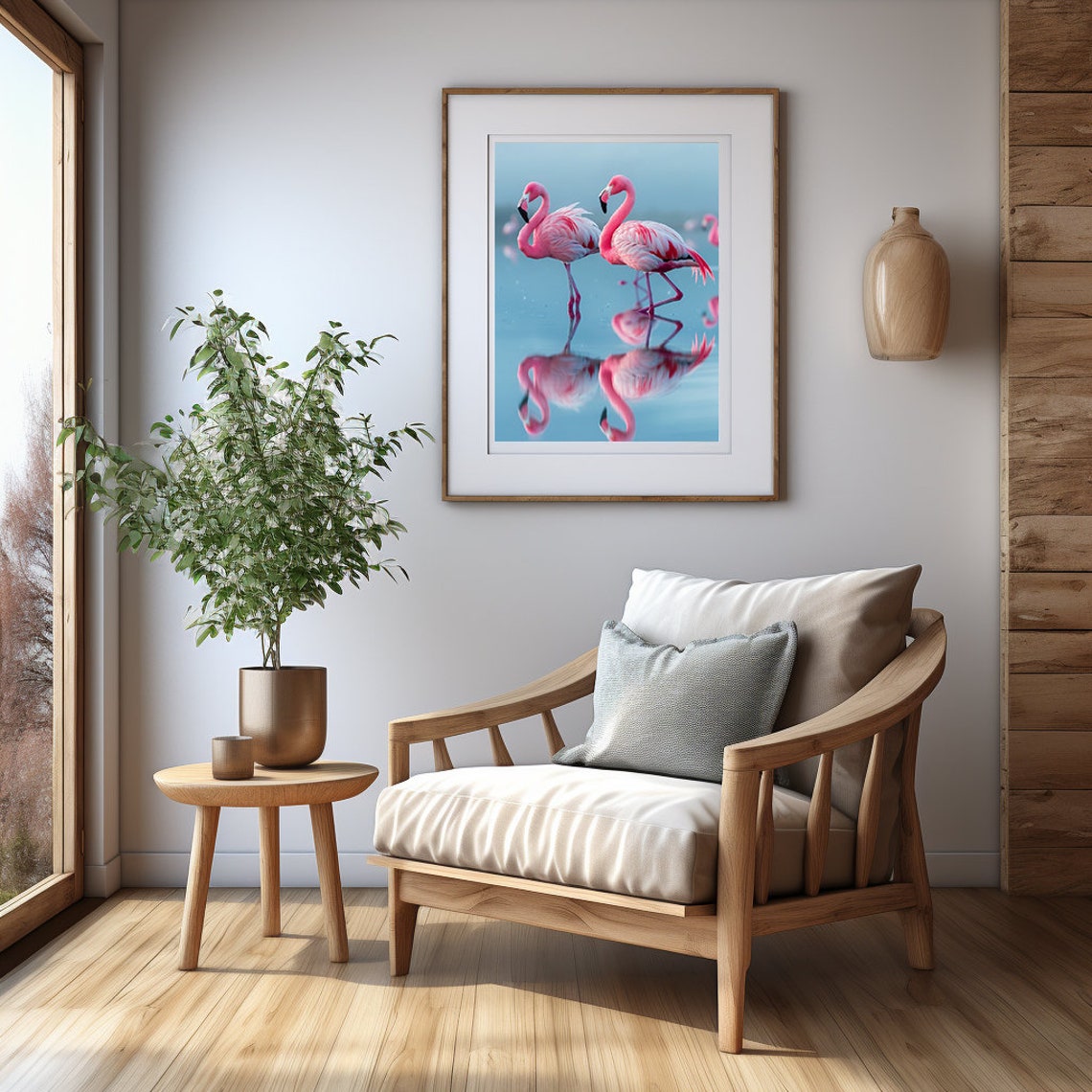 Two Elegant Pink Flamingos Reflected in Calm Turquoise Water Poster - Image 5