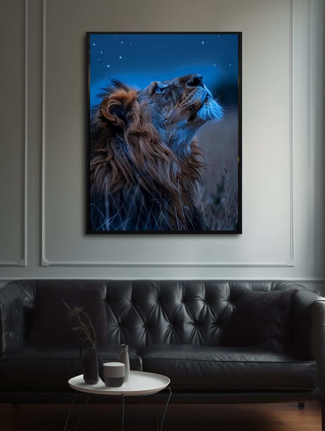 Lion Gazing Up at a Sparkling Starry Midnight Blue Night Sky Poster - Image 3