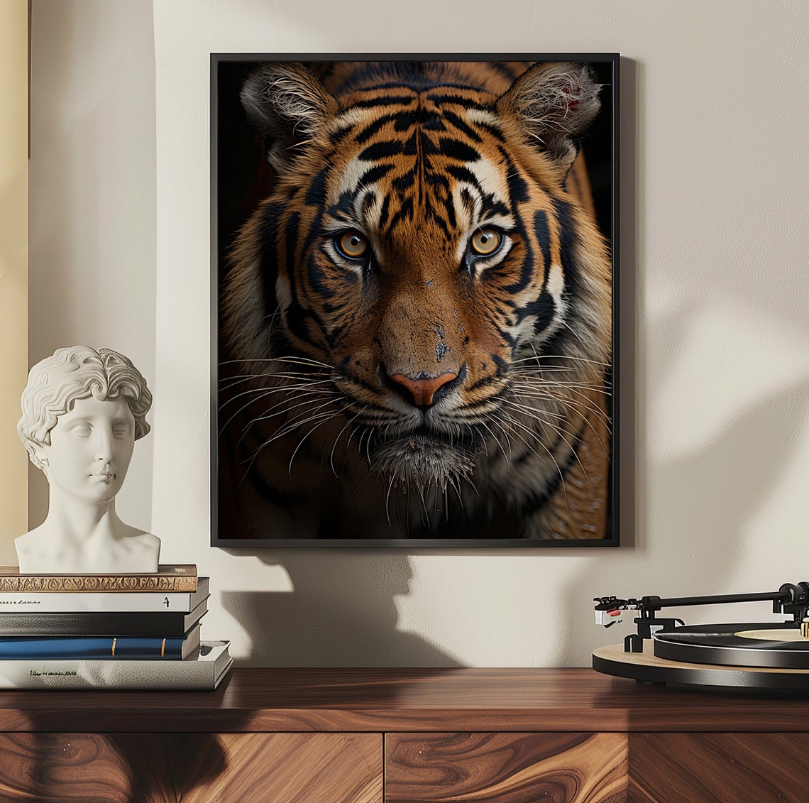 Tiger Face Close Up Staring Straight Out From the Dark Poster