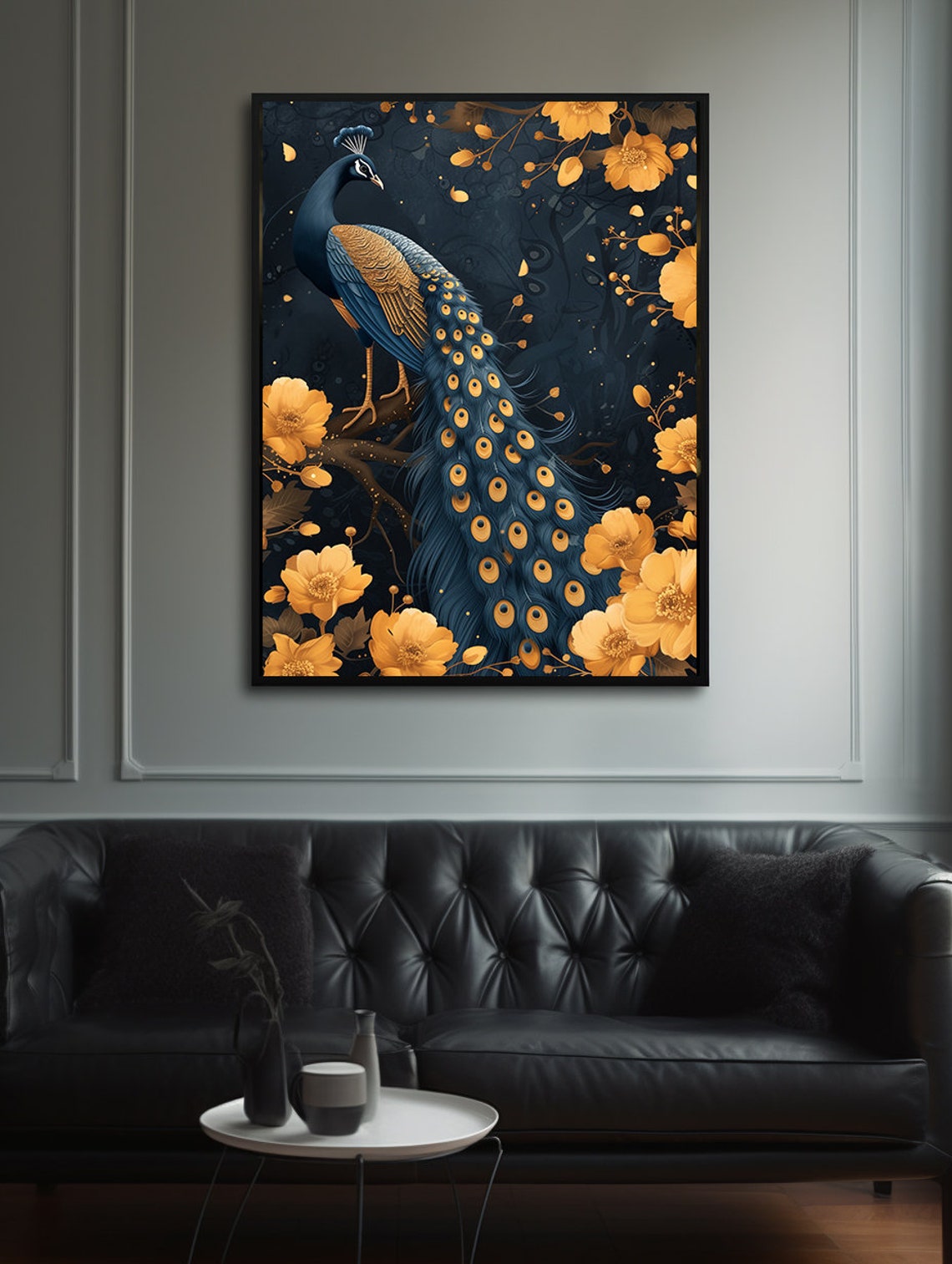 Peacock With Golden Blossoms Glowing on Midnight Navy Poster