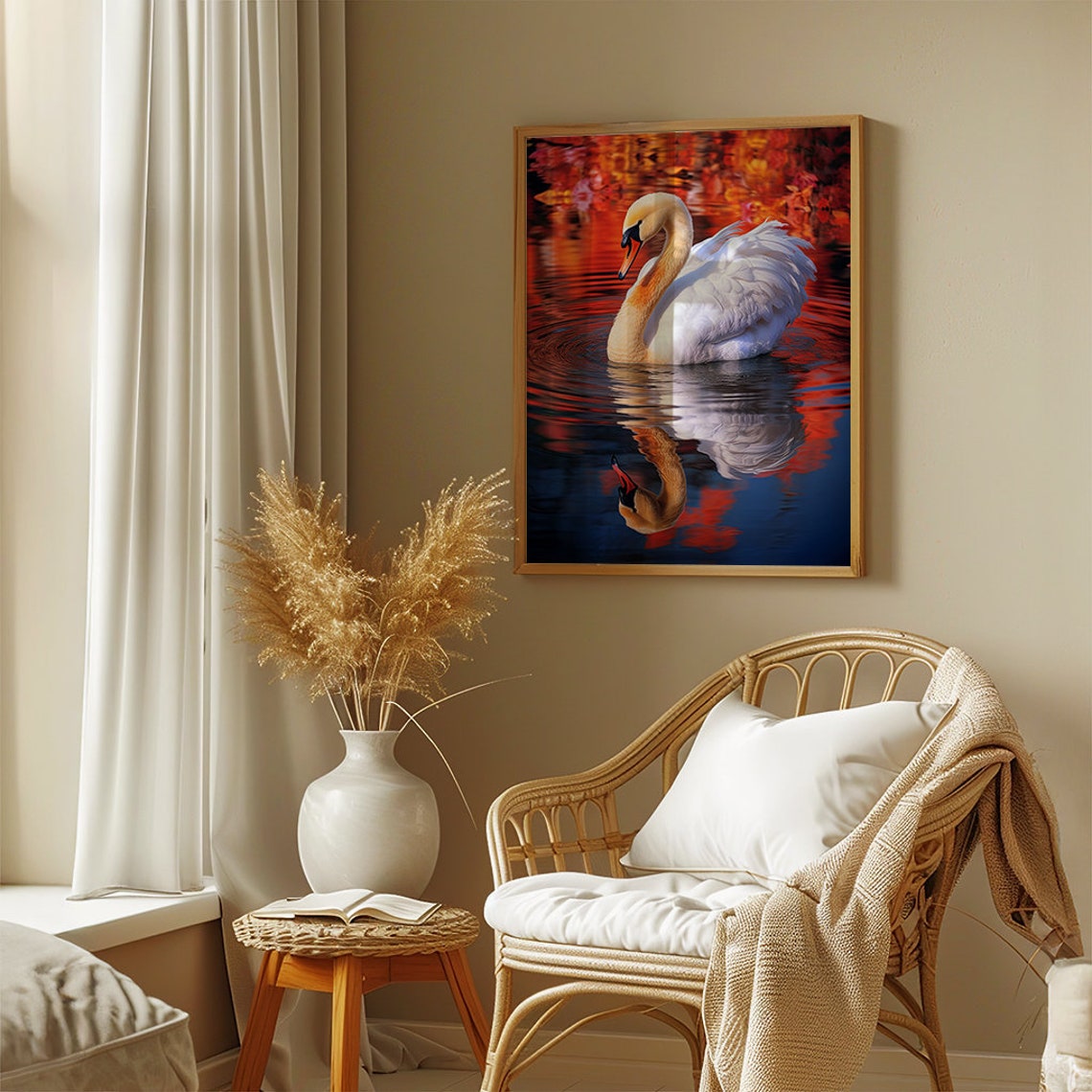 White Swan Reflection Gliding on Golden Sunset Waters Poster - Image 3