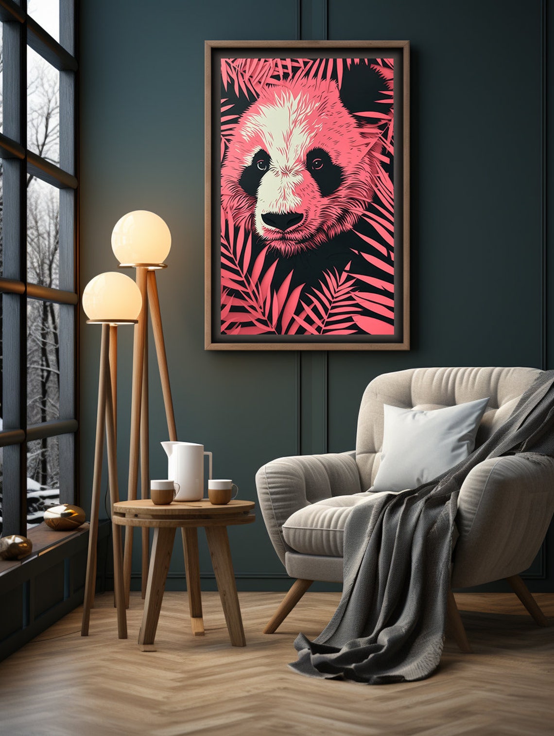Pink Panda Face Hidden in Tropical Leaves Paper Cut Style Poster - Image 3