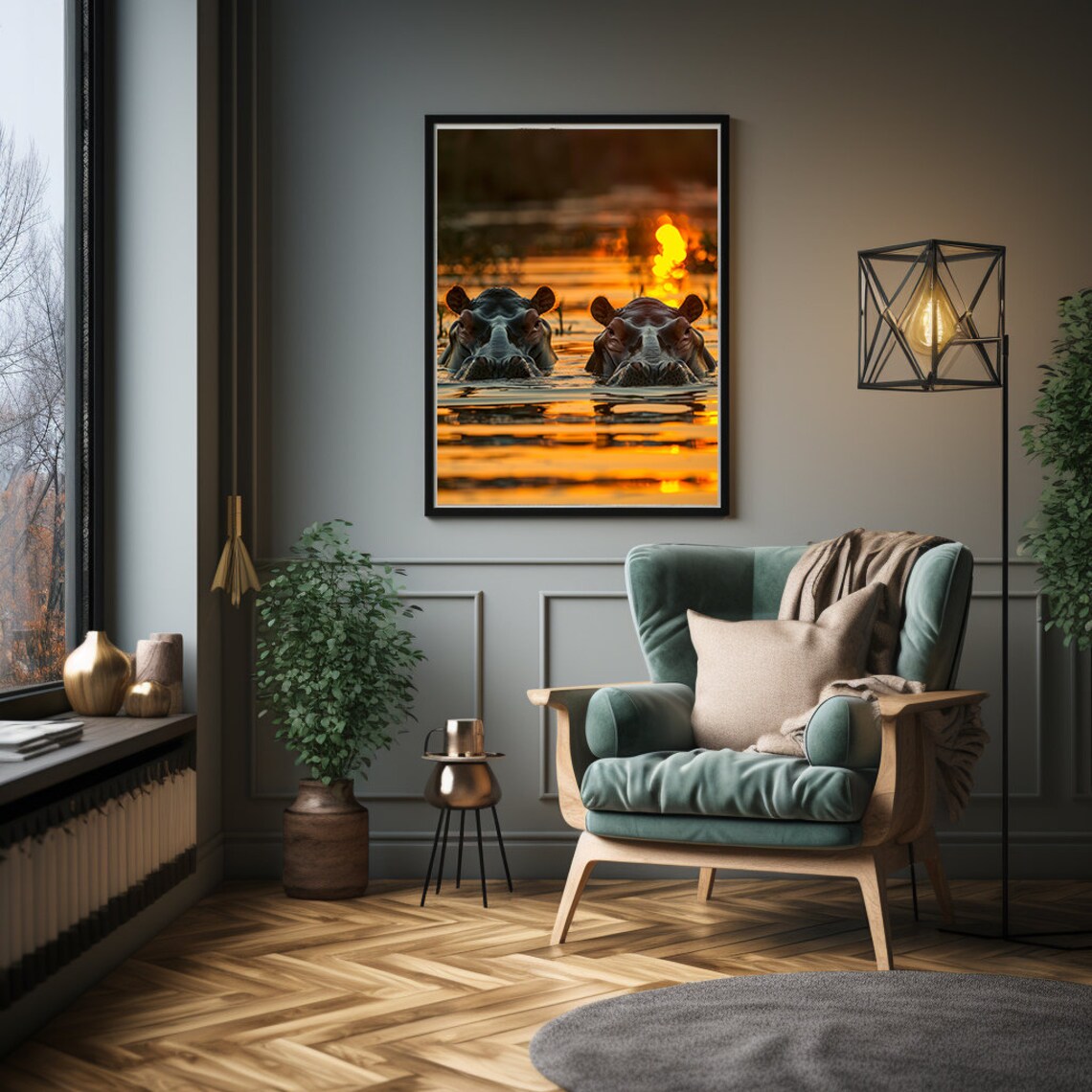 Majestic Two Hippos Watching Golden Sunset Over an African River Poster - Image 4