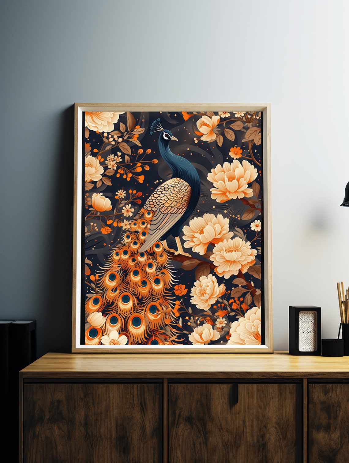 Peacock Among Cream Peonies and Blossoms on Dark Navy Poster - Image 3