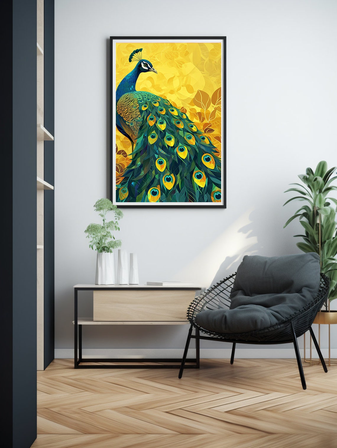Emerald Green Peacock Displayed on a Golden Floral Background Poster - Image 5