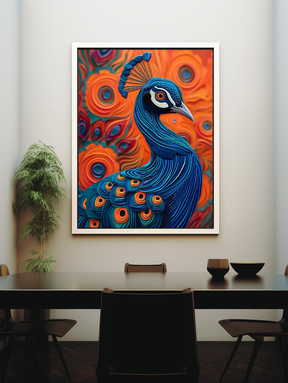 Stylized Blue Peacock Set Against a Swirling Orange Sky Poster - Image 6