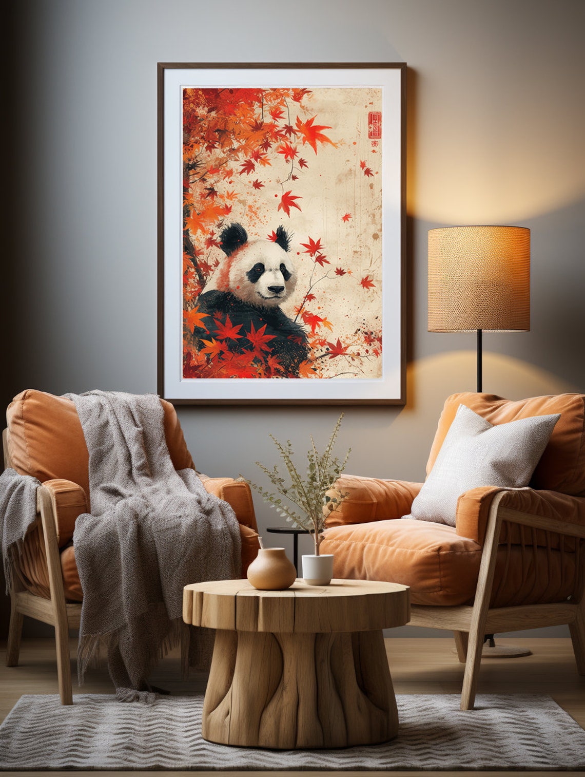 Panda Among Falling Red Maple Leaves in Vintage Asian Style Poster - Image 4