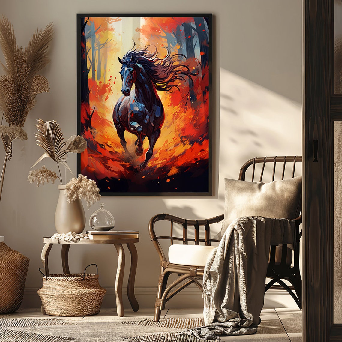Black Horse Galloping Through a Blazing Autumn Fire Forest Poster - Image 6
