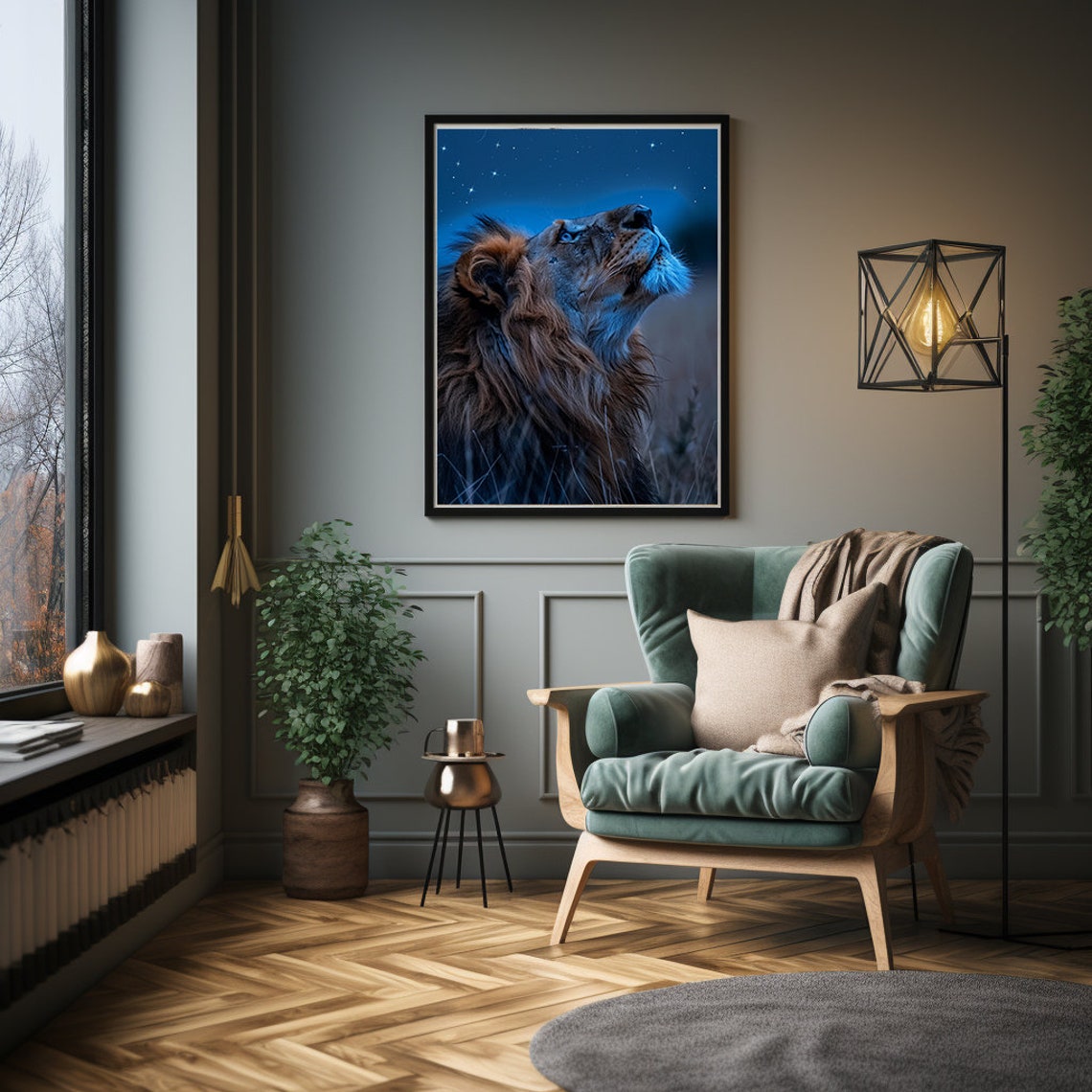 Lion Gazing Up at a Sparkling Starry Midnight Blue Night Sky Poster - Image 4