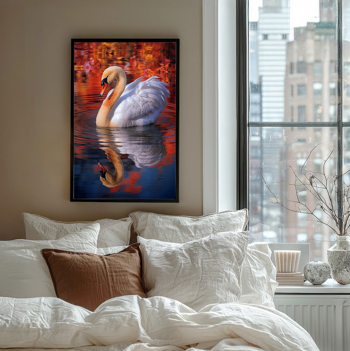 White Swan Reflection Gliding on Golden Sunset Waters Poster - Image 7