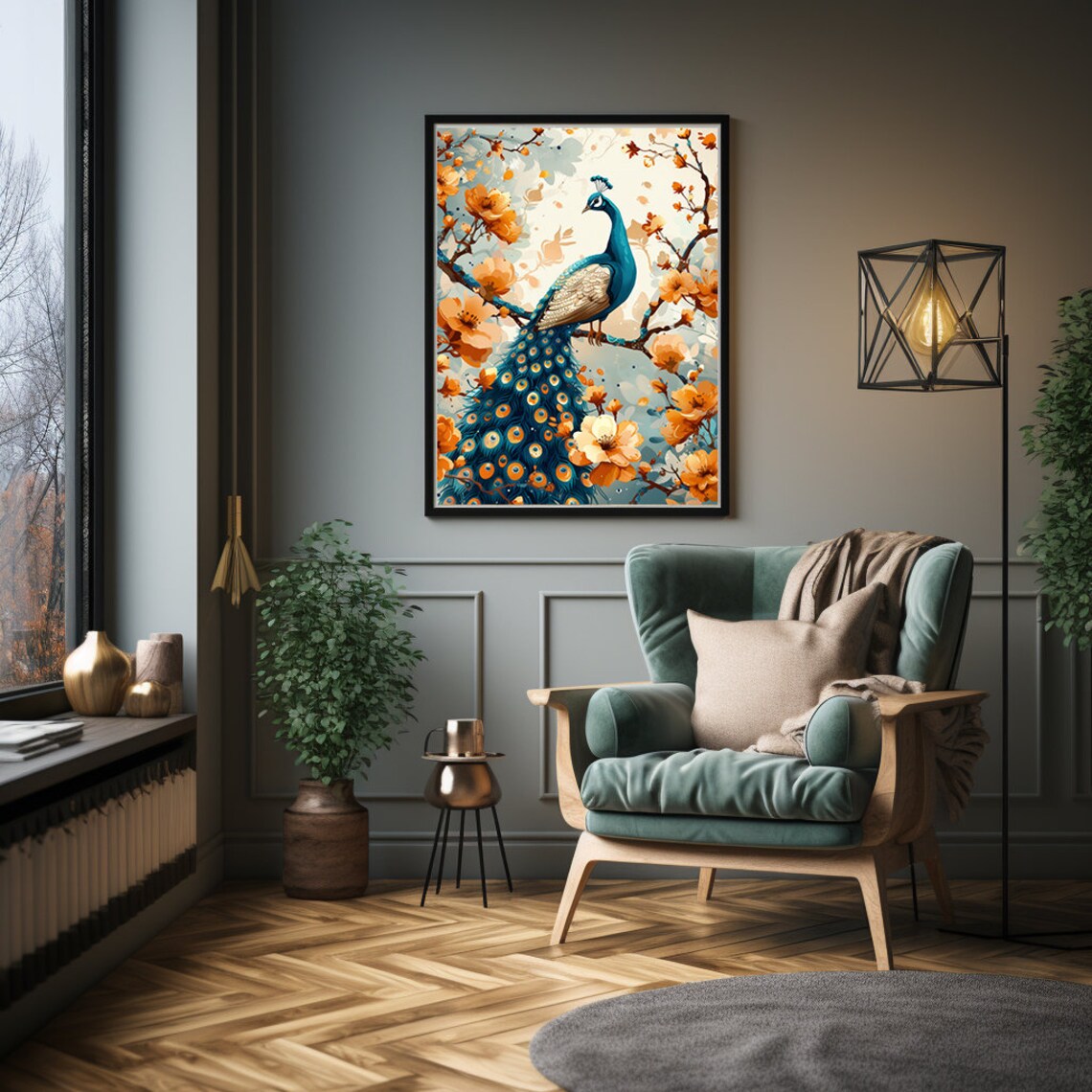 Blue Peacock Surrounded by Amber Blossoms on a Golden Branch Poster - Image 4