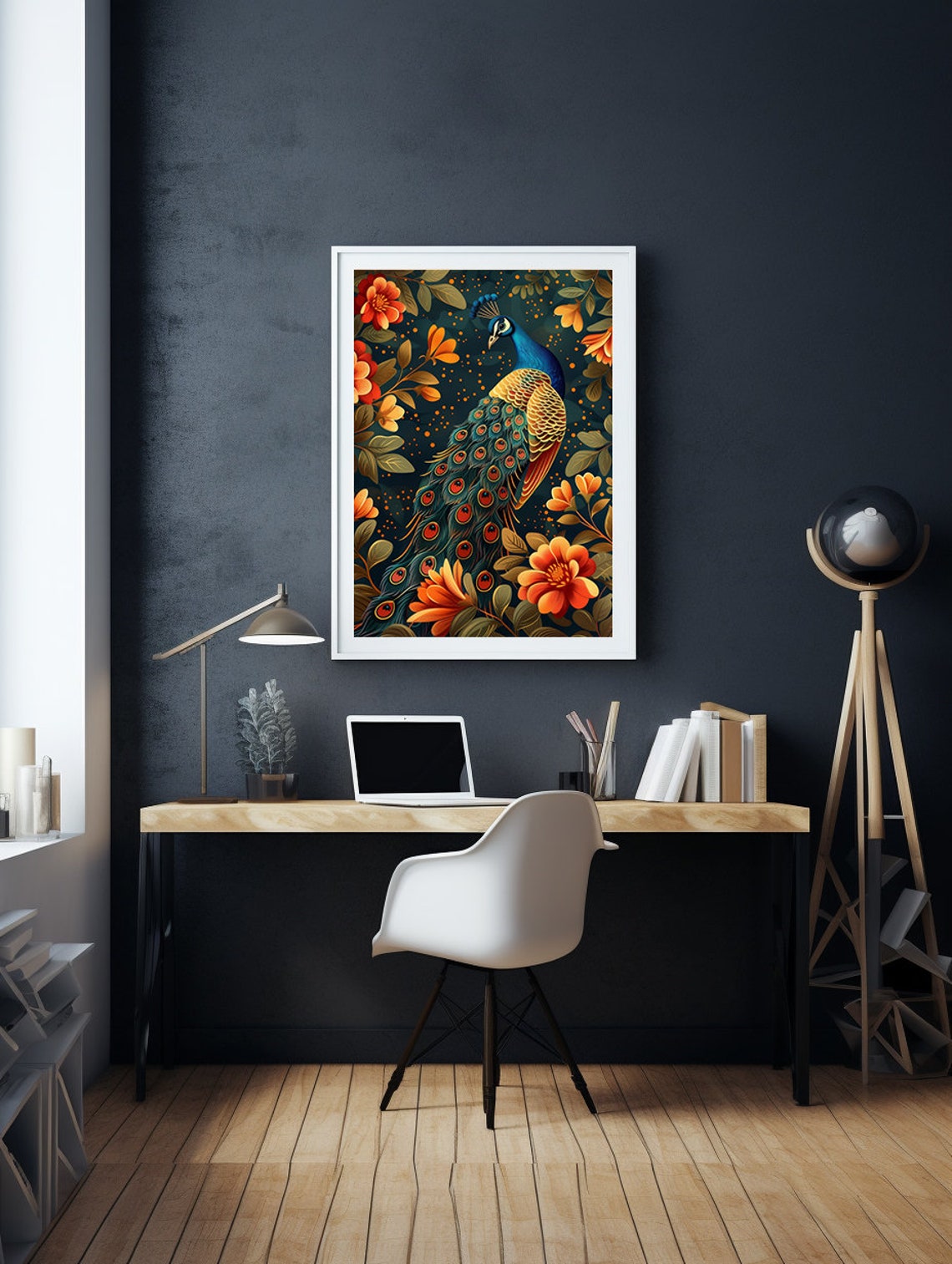 Teal Peacock With Glowing Orange Flowers on Midnight Blue Poster - Image 5