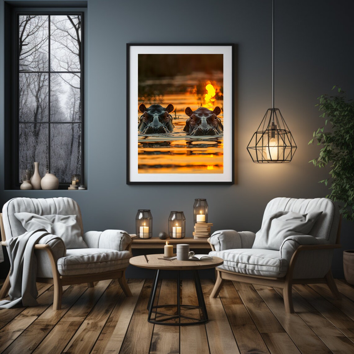 Majestic Two Hippos Watching Golden Sunset Over an African River Poster - Image 2
