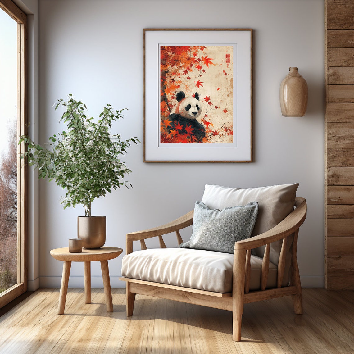Panda Among Falling Red Maple Leaves in Vintage Asian Style Poster - Image 2