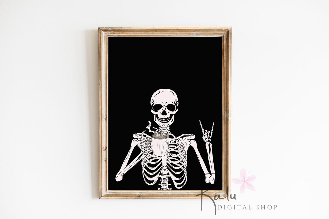 Skeleton Drinking Coffee Rock Hand Black Background Poster Art - Image 2