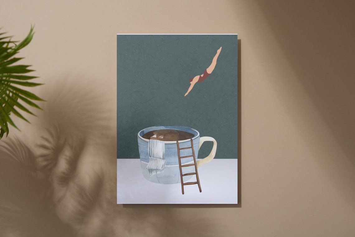 Coffee Diver Surreal Whimsical Morning Brew Wall Decor Poster