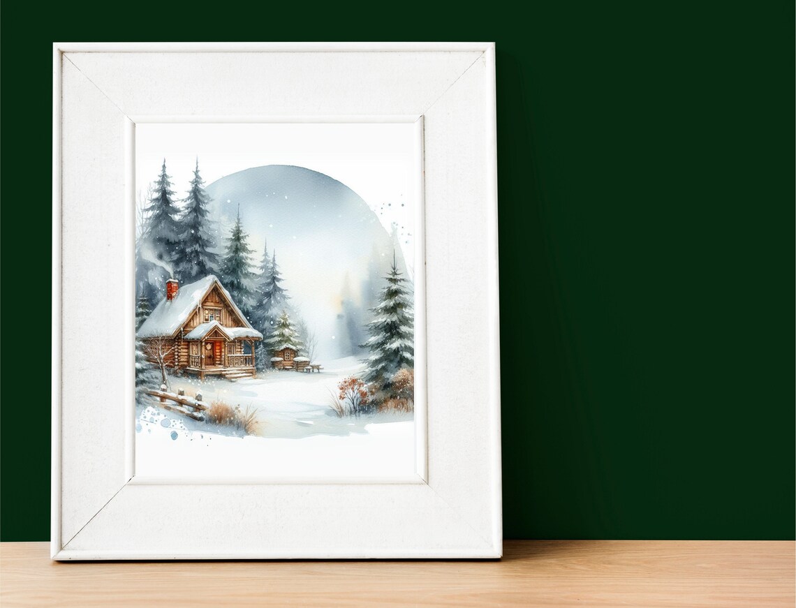 Snowy Wooden Cabin Winter Poster Watercolor Christmas Trees Forest Scene - Image 3