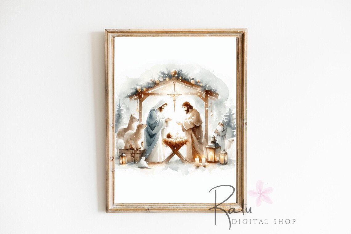 Christmas Nativity Scene Birth of Jesus Watercolor Holiday Print - Image 3