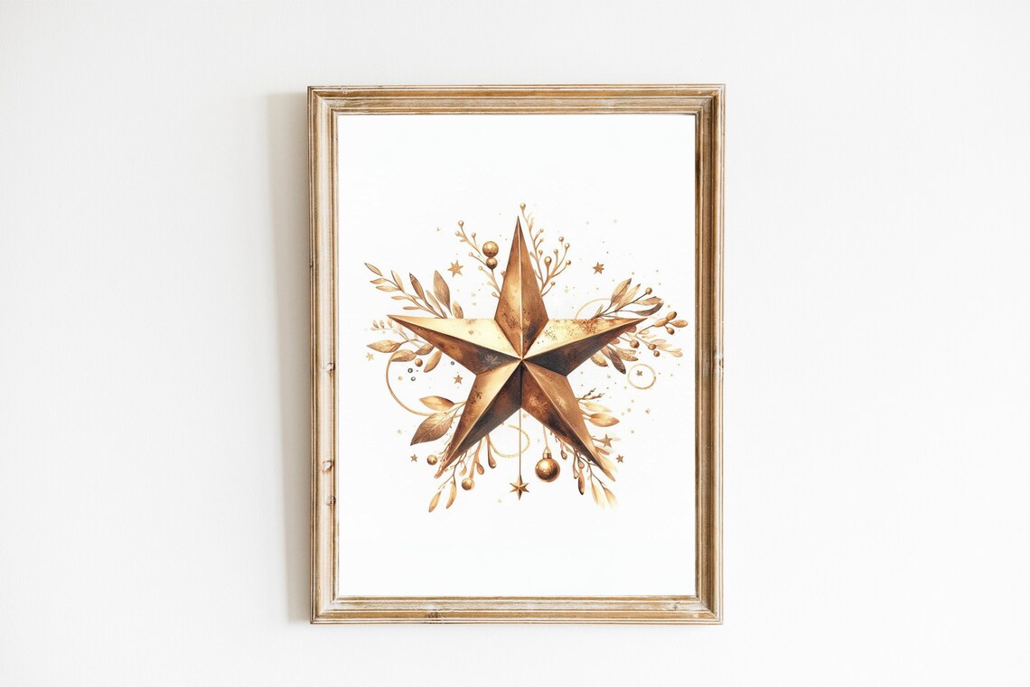 Bronze Gold Star Christmas Ornament Watercolor Holiday Wall Poster
