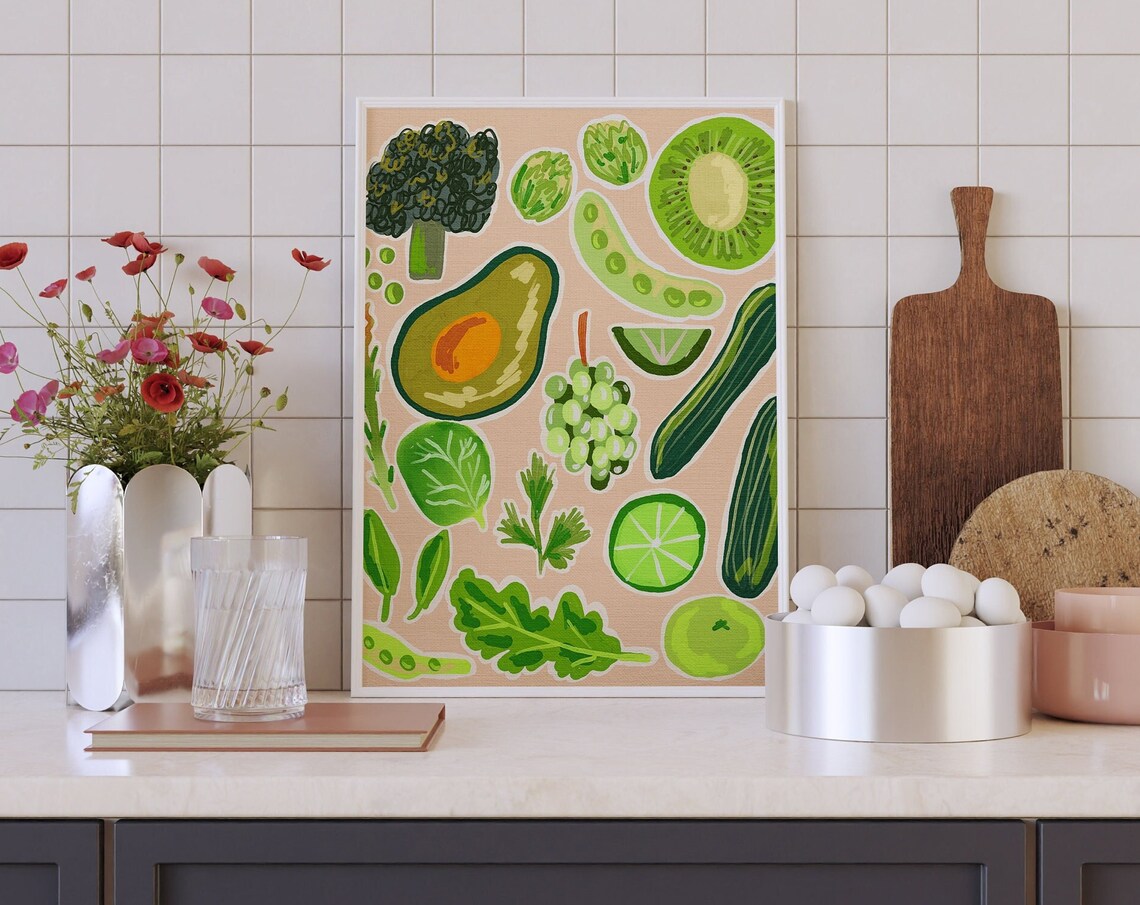 Green Fruits and Vegetables Poster, Kitchen Wall Art