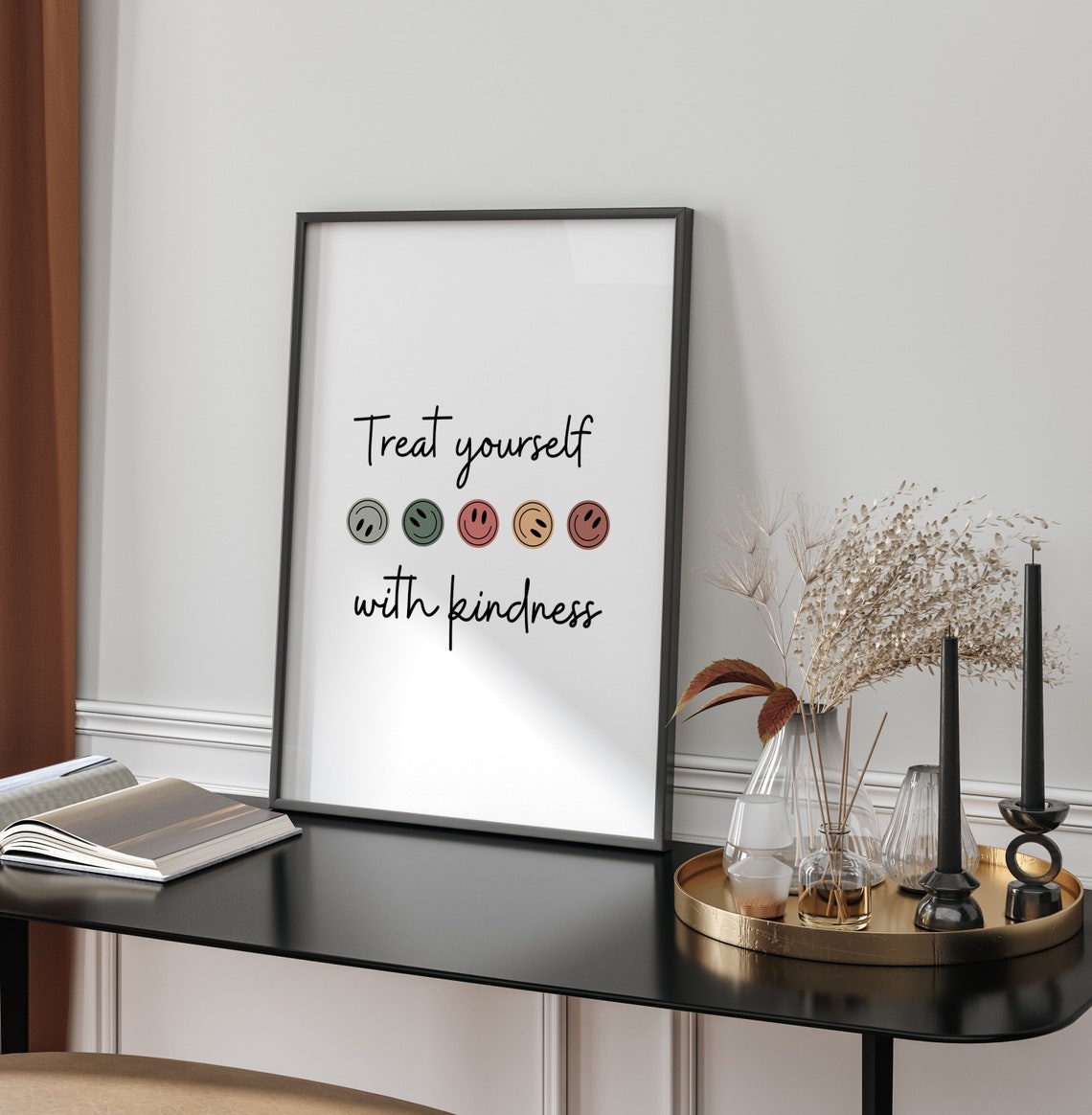 Treat Yourself With Kindness Smiley Face Boho Minimalist Poster - Image 3