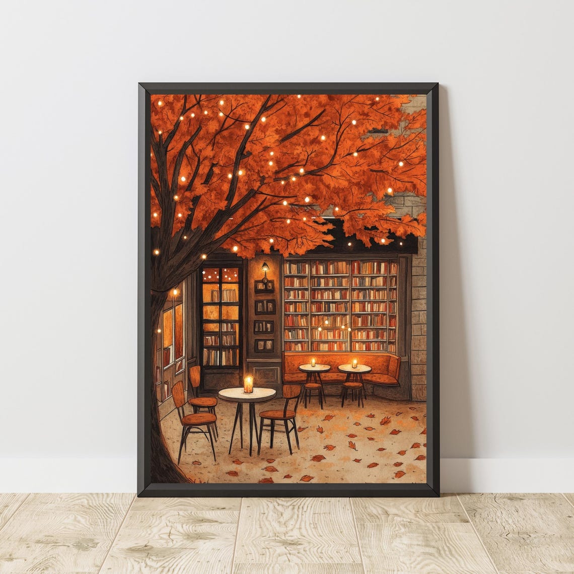 Cozy Autumn Bookstore Coffee Shop Fairy Lights Fall Reading Poster