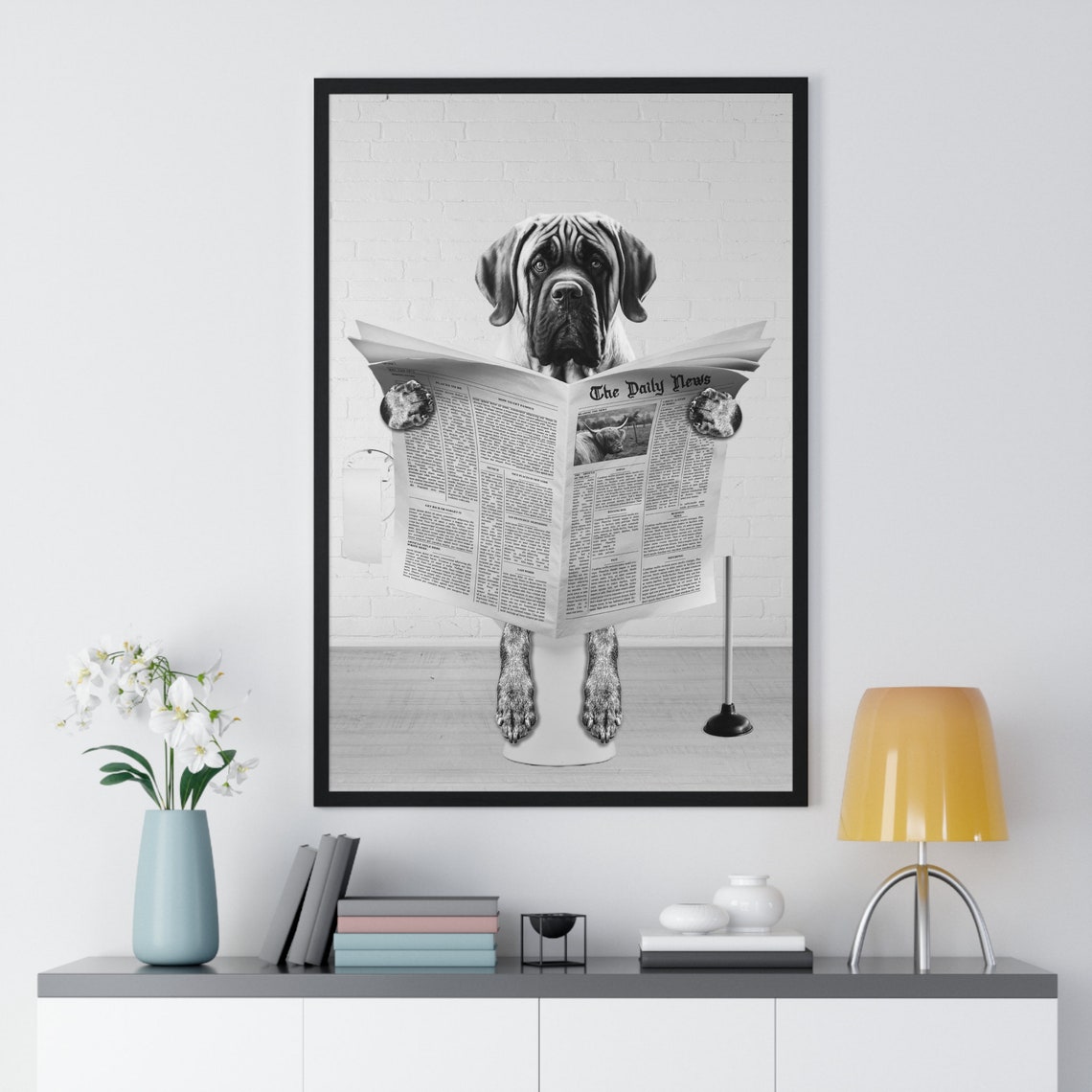 English Mastiff Reading Newspaper While Sitting On Toilet Poster - Image 2