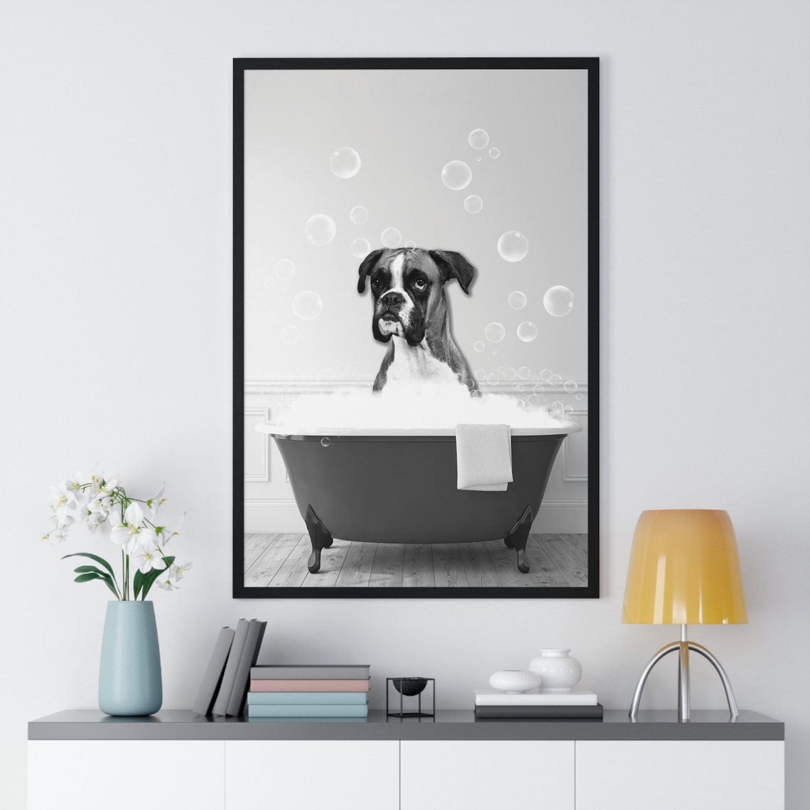 Boxer Dog Relaxing in Bubble Bath Black and White Bathroom Poster - Image 2